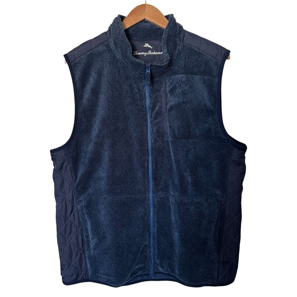 Tommy Bahama Mens 3XL North Cascade Fleece Full Zip Vest Quilted Panels Navy